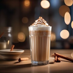 Wall Mural - A glass of iced coconut chai latte with a cinnamon stick4