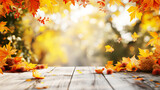 Fototapeta Nowy Jork - Autumn scenic with wooden cover, maple leaves