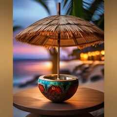 Wall Mural - A colorful tropical cocktail served in a coconut shell with a paper umbrella2