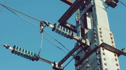 Metal support for high voltage power line against clear blue sky