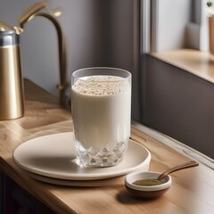 Wall Mural - A glass of creamy oat milk with a sprinkle of nutmeg4