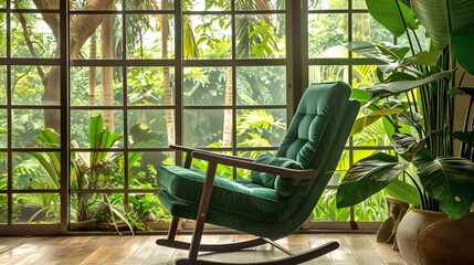 Poster - Green armchair in a cozy room with natural light. Indoor plants, peaceful corner, simple home decor. Ideal for relaxing and meditation. Tranquil interior design example. AI