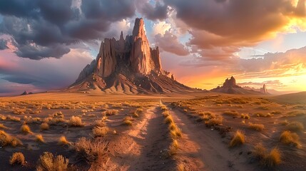 Poster - Majestic Mountain Peaks at Sunset with Dramatic Sky and Desert Path. Ideal for Fantasy Artwork and Nature Themes. Surreal Landscape Photography. AI