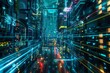 A surreal cyber city with abstract data streams, glitching holograms, and neon-lit streets, Generative AI
