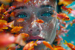 A captivating underwater portrait of a woman surrounded by bright orange fish, highlighting her striking blue eyes and freckles.