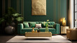 a neutral living room with green walls and a green couch, interior background green lamp cushion home trendy brick furniture couch design room white ,Interior with Green Sofa and  one  White Armchairs