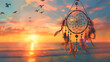 Dreamcatcher at Sunset,   dream catchers hanging on beach at sunset, ocean on background, Dream catcher with feathers threads and beads rope hanging at sunset with flying birds