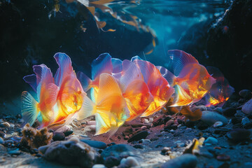 Wall Mural - A mesmerizing group of translucent fish gliding through the water, their delicate fins flowing like silk in an underwater ballet.