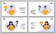 Set of web rages with people with question icon and bulb icon. Vector illustration for banner, website. Decision, support, problem solution, idea, communication concept.