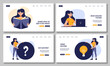 Set of web pages with women reading book, studying with laptop. People with question and bulb icons. Vector illustration. Education, bookstore, knowledge, student concept.