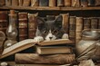 The mischievous gray and white tuxedo cat peeking out from behind a stack of comically oversized books, with askew round spectacles, set against a vintage, sepia-toned background.