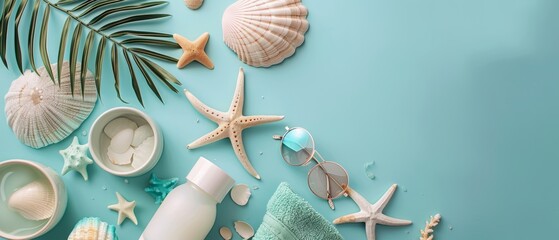 Wall Mural - Coastal accessories flat lay on pastel blue background. 3D rendering of summer concept