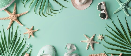 Wall Mural - 3D rendering of flat lay summer accessories on pastel colors.