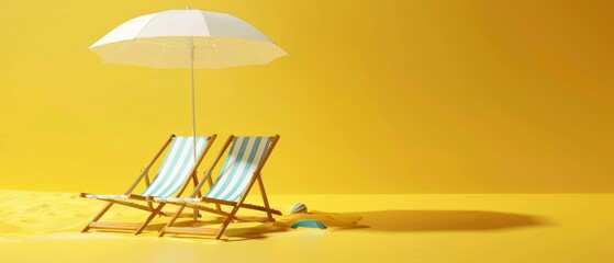 Wall Mural - Summer vacation concept in 3D. Beach umbrella and lounge chairs on yellow background.