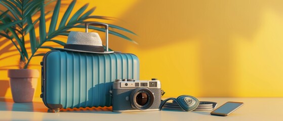 Poster - travel concept with suitcase and hat on yellow background and camera and smartphone. 3d rendered.