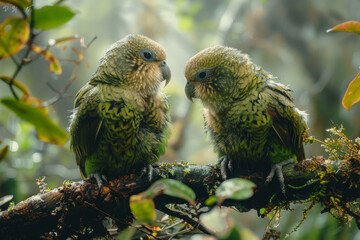 Poster - A scene showing the delicate interaction between two Kakapo parrots in New Zealand, their playful be