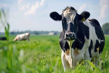 A cow on the background of sky and green grass, Cows farming, Generative AI