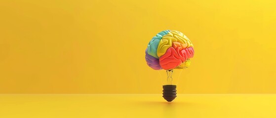 Wall Mural - Brain with a lightbulb on yellow background. Creative idea. Minimal concept. 3D rendering.