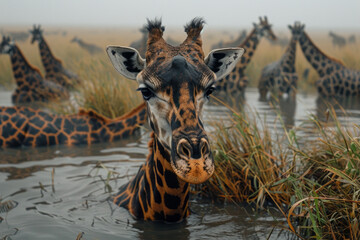 Poster - An image capturing the interaction between giraffes and migrating herds, as they all share the limit