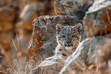 Poster - An image capturing the quiet majesty of a snow leopard in the rugged mountains of Central Asia, camo