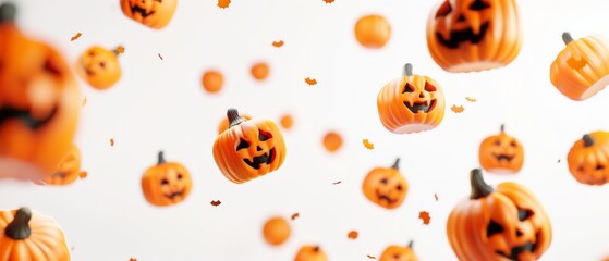 Wall Mural - A 3D rendering of happy Halloween pumpkins floating on a white bright background.