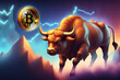 Bitcoin cryptocurrency investing concept, Bull market trend, Stock Growth, Chart shows strong increase in price of bitcoin, Investing in virtual assets, Investment platform charts and bitcoin coin
