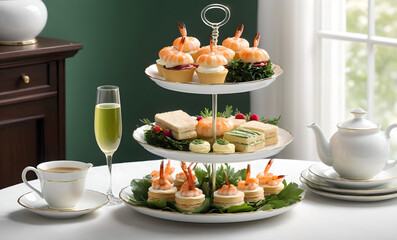 Wall Mural - elegant dining table set for an afternoon tea or brunch. Include a three-tiered serving tray with sandwiches, pastries, and delicacies, a plate with grilled shrimp and greens