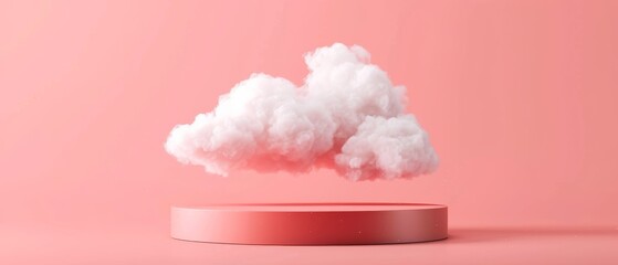 Poster - Clouds in pastel pink on pink podium. 3D rendering.