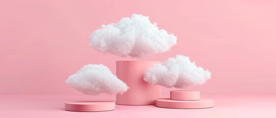 Poster - A pink podium with a cloud on a pastel pink background. This is a 3D rendering.