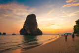 Fototapeta Góry - Sunset view of the sea and rocky mountains at Railay Beach,Travel summer