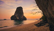 Sunset view of the sea and rocky mountains at Railay Beach,Travel summer