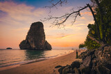 Fototapeta Łazienka - Sunset view of the sea and rocky mountains at Railay Beach,Travel summer