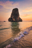 Fototapeta Łazienka - Sunset view of the sea and rocky mountains at Railay Beach,Travel summer