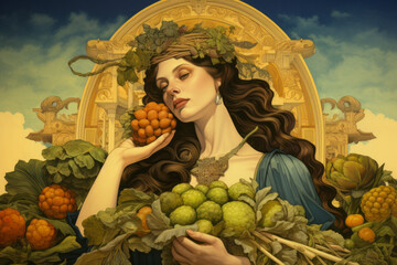 Aufkleber - A depiction of Ceres, the Roman goddess of agriculture, endorsing organic farming products, her imag