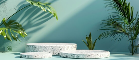 Wall Mural - 3D rendering of stone podium with tropical leaves on green background.