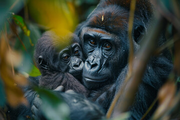 Wall Mural - A photograph capturing the intimate moment of a mother and calf Western lowland gorilla in the rainf
