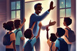 Elementary school teacher greeting his students at the door. Male teacher welcoming his class with a high five