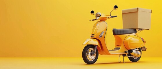 The delivery scooter is displayed with a food box on a yellow background. A delivery service concept is shown in 3D.