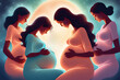 Group of pregnant women supporting each other and embracing the third trimester