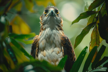 Poster - A scene capturing the intense gaze of a critically endangered Philippine eagle perched high in the r