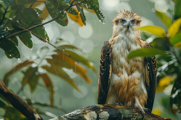 Poster - A scene capturing the intense gaze of a critically endangered Philippine eagle perched high in the r