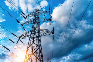Poster - A high voltage tower standing tall against a cloudy sky. Suitable for energy and technology concepts