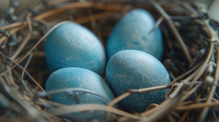 Poster - Three blue eggs in a nest of twigs. Suitable for nature and spring themes