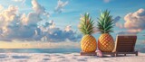 Fototapeta  - Coastal beach, hipster pineapples on chair, with sky background in 3D.