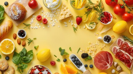 Poster - Fresh produce assortment on vibrant yellow backdrop, ideal for food and nutrition concepts