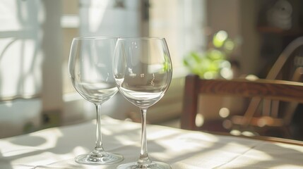 Poster - Two wine glasses left empty on a table. Suitable for restaurant or celebration concepts