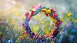 Colorful Ribbons in Spring Garden. Floral Wreath with Symbol of Beltane and Wiccan Celtic Holiday. Pagan Witch Traditions and Rituals in Beautiful Blossom Landscape