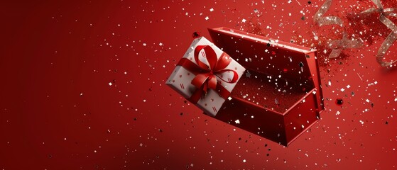 Wall Mural - The opening of a Christmas magic gift box on a red background. 3D rendering