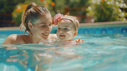 Poster - A woman and a child enjoying in a swimming pool. Suitable for family vacation concepts