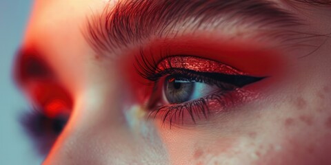 Poster - Close up of a person's eye with striking red makeup. Ideal for beauty and fashion industry